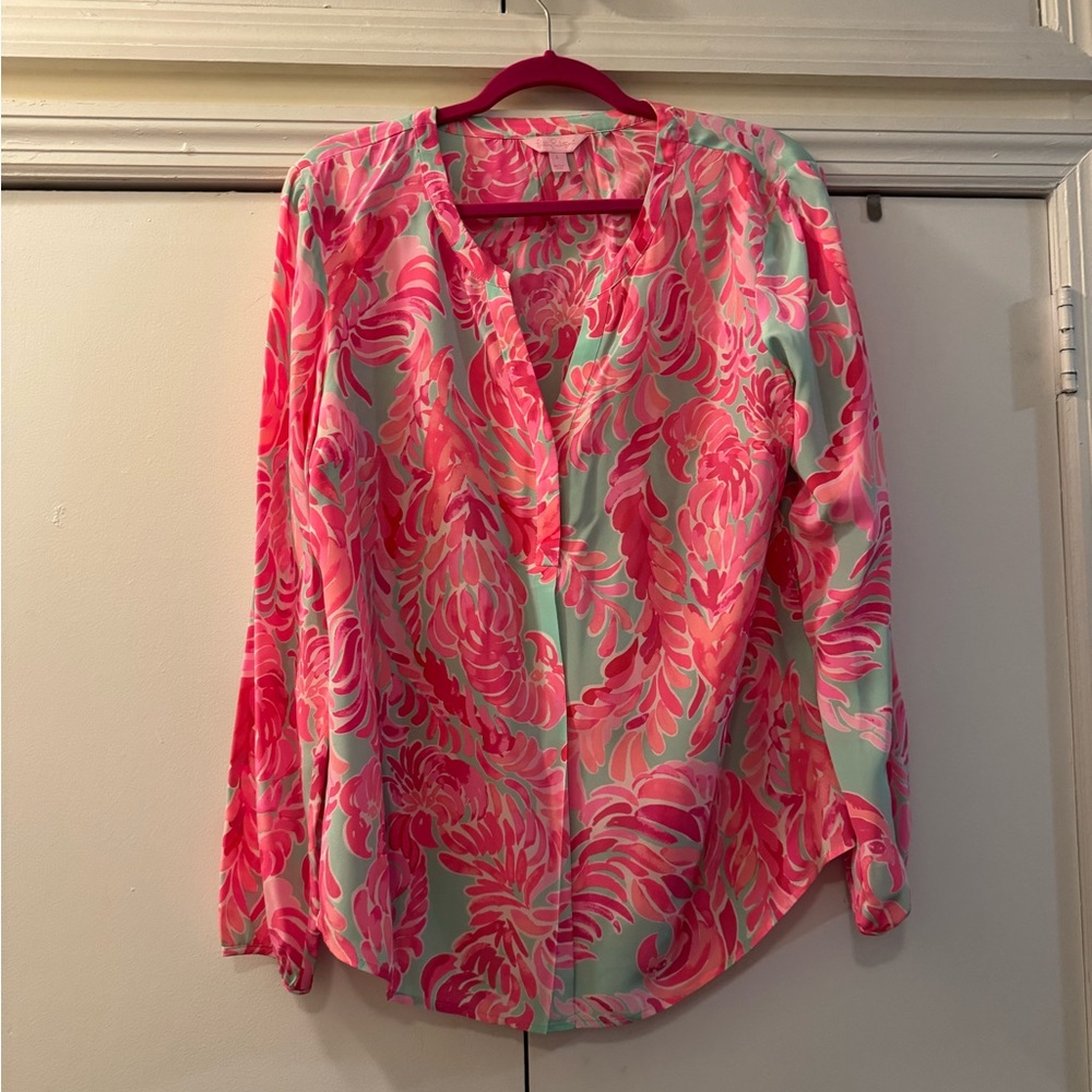 Womens Pink Floral V-Neck Long Sleeve Blouse